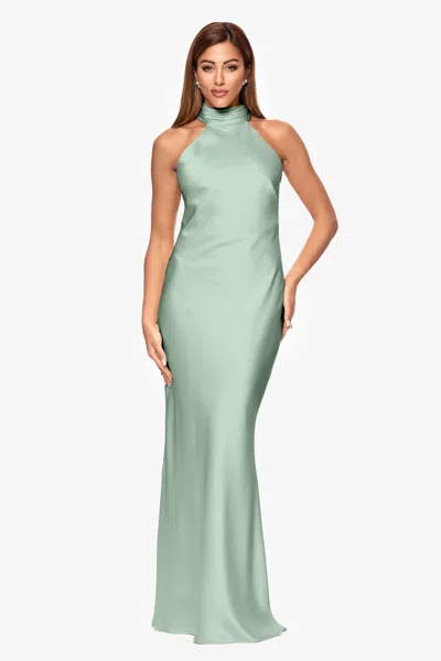 Xscape Evenings "ruth" Satin High Tie Neck Backless Floor Length Dress In Blue