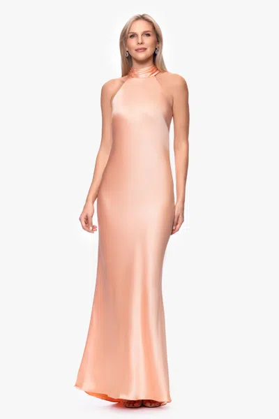 Xscape Evenings "ruth" Satin High Tie Neck Backless Floor Length Dress In Neutral