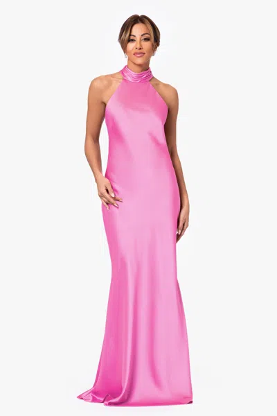 Xscape Evenings "ruth" Satin High Tie Neck Backless Floor Length Dress In Pink