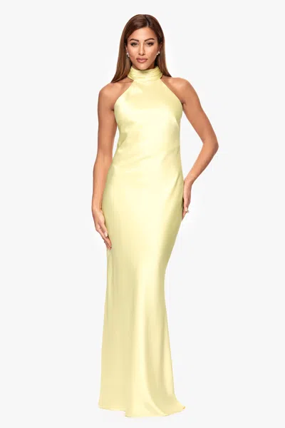 Xscape Evenings "ruth" Satin High Tie Neck Backless Floor Length Dress In Yellow