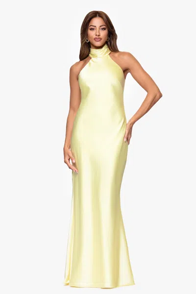 Xscape Evenings "ruth" Satin High Tie Neck Backless Floor Length Dress In Yellow