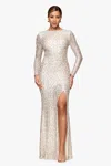 Xscape Evenings "ryann" Sequin Long Sleeve Floor Length Dress In Neutral