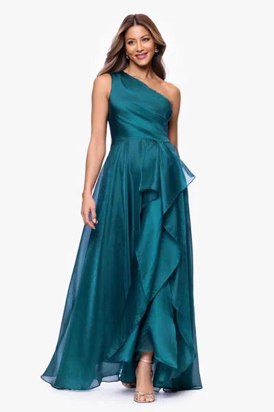 Xscape Evenings "samantha" Organza One Shoulder Ruffle Floor Length Dress In Green