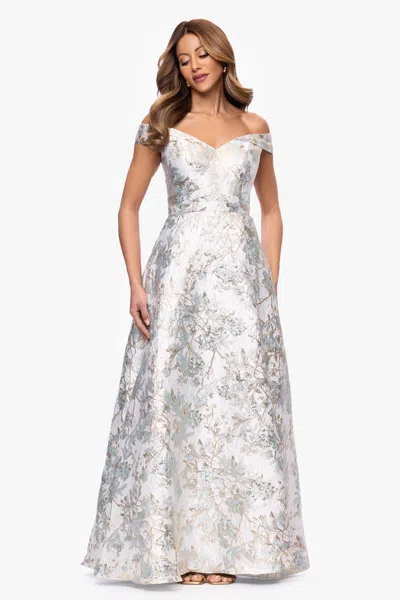 Xscape Evenings "sammi" Brocade Off The Shoulder Floor Length Dress In Gray