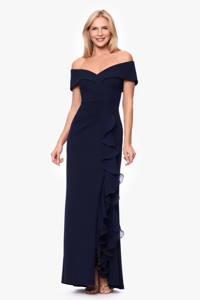 Xscape Evenings "sara" Scuba Crepe With Chiffon Ruffle Floor Length Dress In Blue