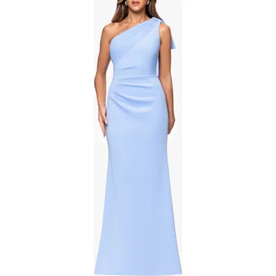 Xscape Evenings Sash Detail One-shoulder Scuba Crepe Sheath Gown In Blue