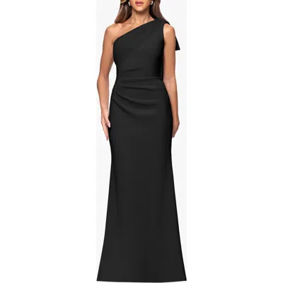 Xscape Evenings Sash Detail One-shoulder Scuba Crepe Sheath Gown In Black