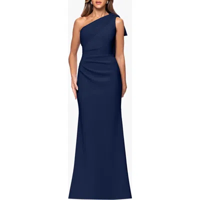 Xscape Evenings Sash Detail One-shoulder Scuba Crepe Sheath Gown In Blue