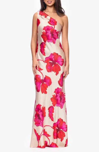 Xscape Evenings Sash One-shoulder Satin Gown In Multi