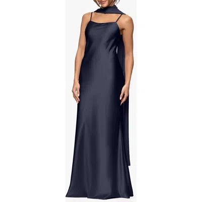 Xscape Evenings Satin Gown With Chiffon Overlay In Blue