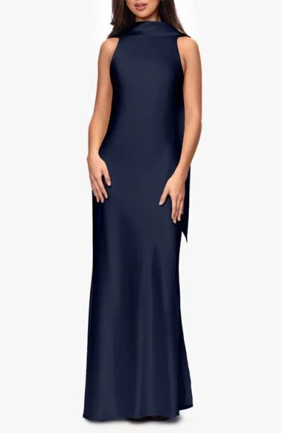Xscape Evenings Satin Tie Back Mermaid Gown In Blue
