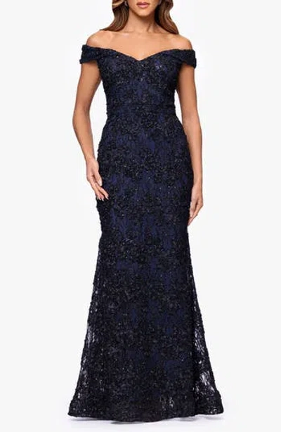 Xscape Evenings Sequin & Lace Off The Shoulder Gown In Blue
