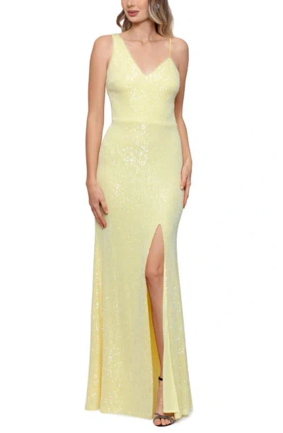 Xscape Evenings Sequin Asymmetric Neck Sheath Gown In Yellow
