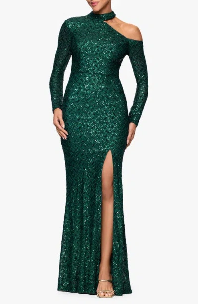 Xscape Evenings Sequin Cutout Long Sleeve Mermaid Gown In Green