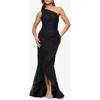 Xscape Evenings Sequin Embroidery One-shoulder High-low Gown In Black