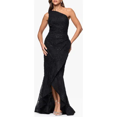 Xscape Evenings Sequin Embroidery One-shoulder High-low Gown In Black