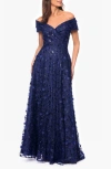 Xscape Evenings Sequin Floral Appliqué Off The Shoulde Gown In Navy
