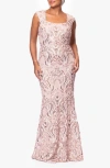 Xscape Evenings Sequin Floral Appliqué Sheath Gown In Sand