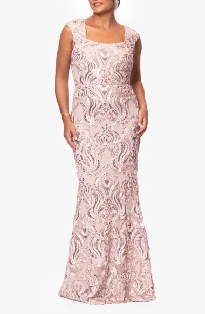 Xscape Evenings Sequin Floral Appliqué Sheath Gown In Sand