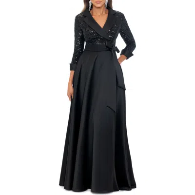 Xscape Evenings Sequin Long Sleeve Tux Ballgown In Black