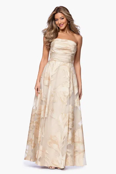 Xscape Evenings Floral Jacquard Strapless Gown In Neutral