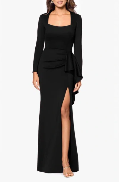 Xscape Evenings Side Ruffle Long Sleeve Scuba Gown In Black