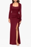 XSCAPE EVENINGS XSCAPE EVENINGS SIDE RUFFLE LONG SLEEVE SCUBA GOWN