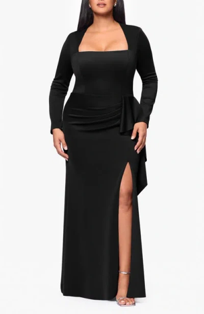 Xscape Evenings Side Ruffle Long Sleeve Scuba Gown In Black