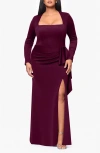 Xscape Evenings Side Ruffle Long Sleeve Scuba Gown In Wine