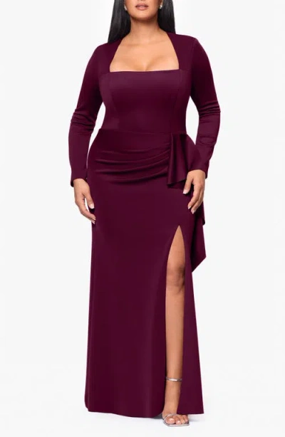 Xscape Evenings Side Ruffle Long Sleeve Scuba Gown In Wine