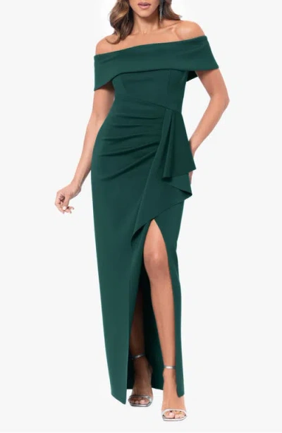 Xscape Evenings Side Ruffle Off The Shoulder Scuba Gown In Green