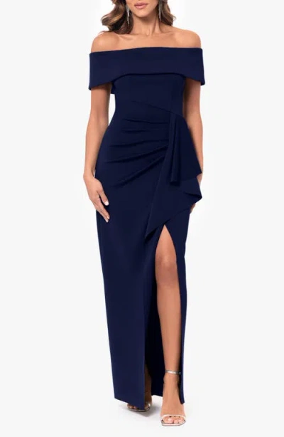 Xscape Evenings Side Ruffle Off The Shoulder Scuba Gown In Navy