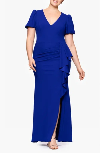 Xscape Evenings Side Ruffle Scuba Crepe Gown In Marine