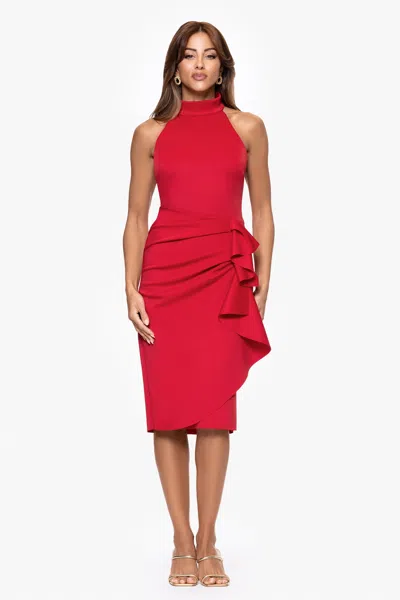 Xscape Evenings "sophie" Techno Scuba Ruffle Knee Length Dress In Red