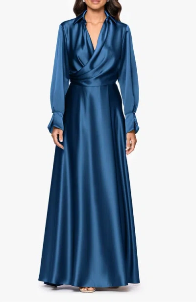 Xscape Evenings Spread Collar Long Sleeve Satin Gown In Blue