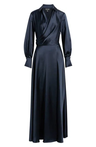 Xscape Evenings Spread Collar Long Sleeve Satin Gown In Pink