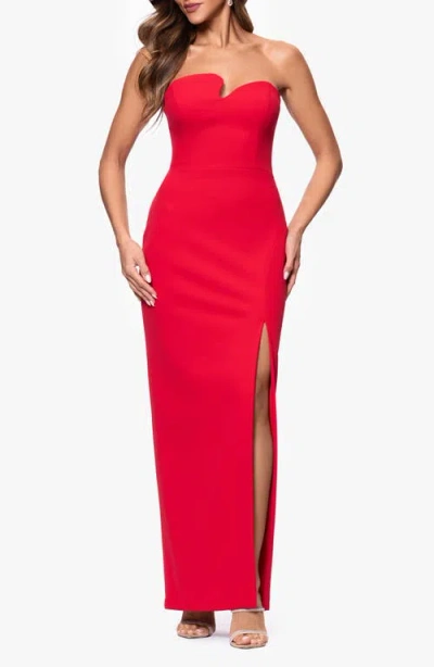 Xscape Evenings Strapless Asymmetric Evening Gown In Red