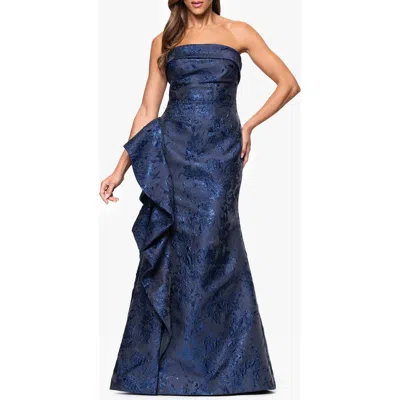 Xscape Evenings Strapless Ruffle Brocade Gown In Blue