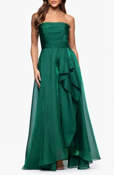Xscape Evenings Strapless Ruffle Detail Metallic Organza Gown In Green