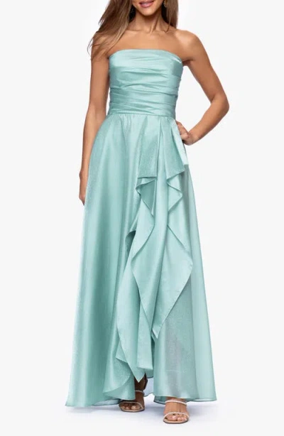 Xscape Evenings Strapless Ruffle Detail Metallic Organza Gown In Green