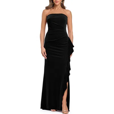 Xscape Evenings Strapless Ruffle Stretch Velvet Gown In Black