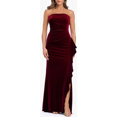 Xscape Evenings Strapless Ruffle Stretch Velvet Gown In Burgundy