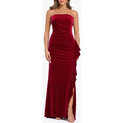 Xscape Evenings Strapless Ruffle Stretch Velvet Gown In Brown