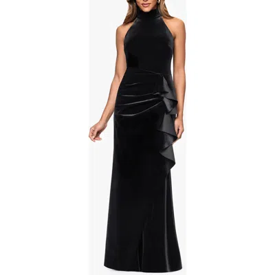 Xscape Evenings Stretch Velvet Halter Gown In Black