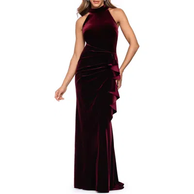 Xscape Evenings Stretch Velvet Halter Gown In Burgundy