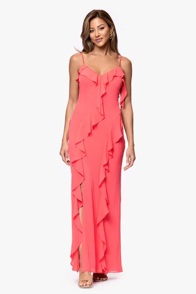 Xscape Evenings "summer" Chiffon Ruffle Floor Length Dress In Pink