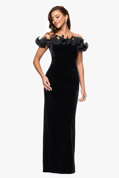 Xscape Evenings "tammie" Velvet Off The Shoulder Ruffle Floor Length Dress In Black