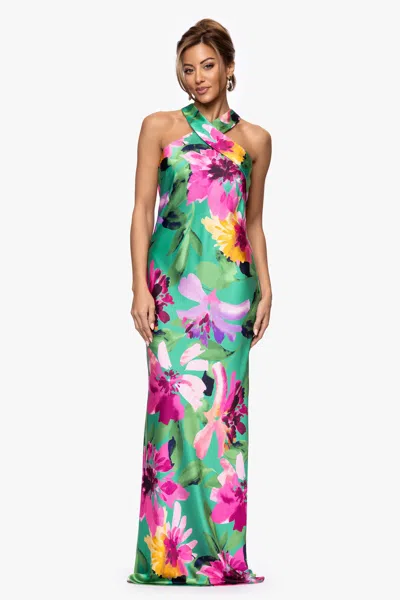 Xscape Evenings "tamra" Print Halter Neck Floor Length Dress In Multi