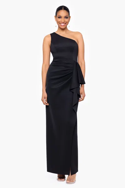 Xscape Evenings "tana" Long Scuba One Shoulder Ruffle Floor Length Dress In Black