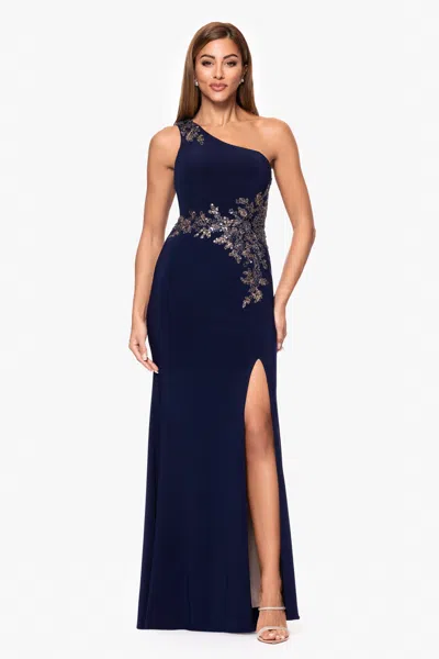 Xscape Evenings "teresa" Jersey Knit One Shoulder Applique Floor Length Dress In Blue